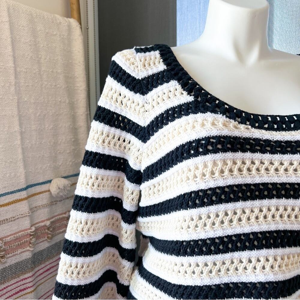 Apiece Apart Black White Striped Open Crochet Knit Slouchy Pullover Sweater XL - Picture 2 of 9